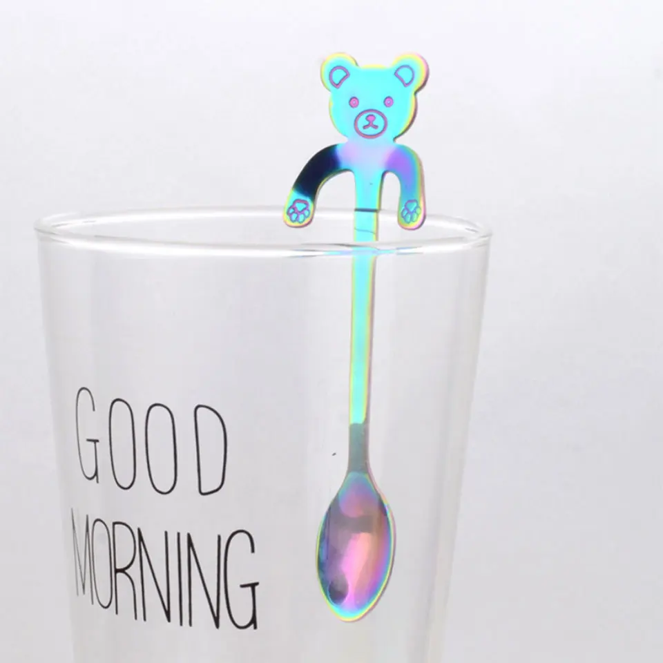 bear colorful Новинка,, милая кофейная ложка с котом и медведем, 304, подвесная ложка из нержавеющей стали, креативные питьевые чайные ложки, ложка для мороженого, десерта, чайная ложка, длинная - Цвет: bear colorful