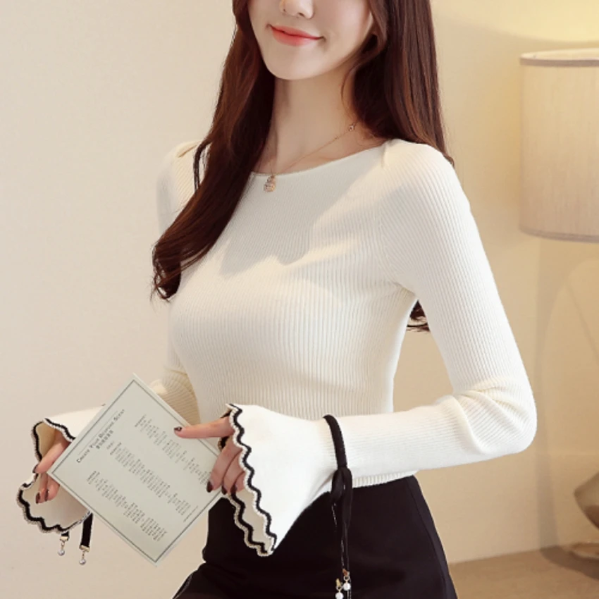 Slash Neck Flare Sleeve Sweater Women Pullovers Jumper Bowknot Knitting Top Femme Autumn Winter Korean Sueter Mujer C80007 | Женская
