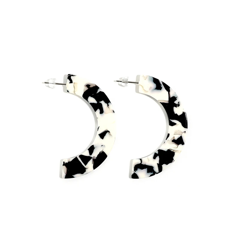New Trendy pendientes Balck and White C Shape Hoop Earrings For Women Flat Semicircle Acetate Board Acrylic Jewelry | Украшения и