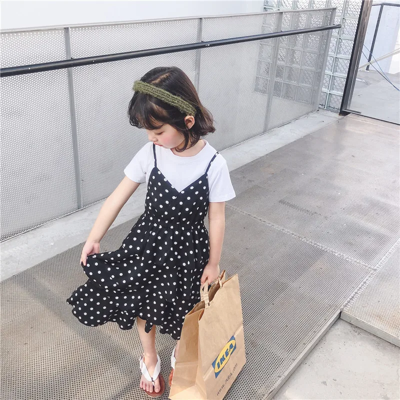 2019 Summer New Arrival korean style cotton all-match short sleeve t-shirt with suspender dot pattern dress for cute baby girls | Детская