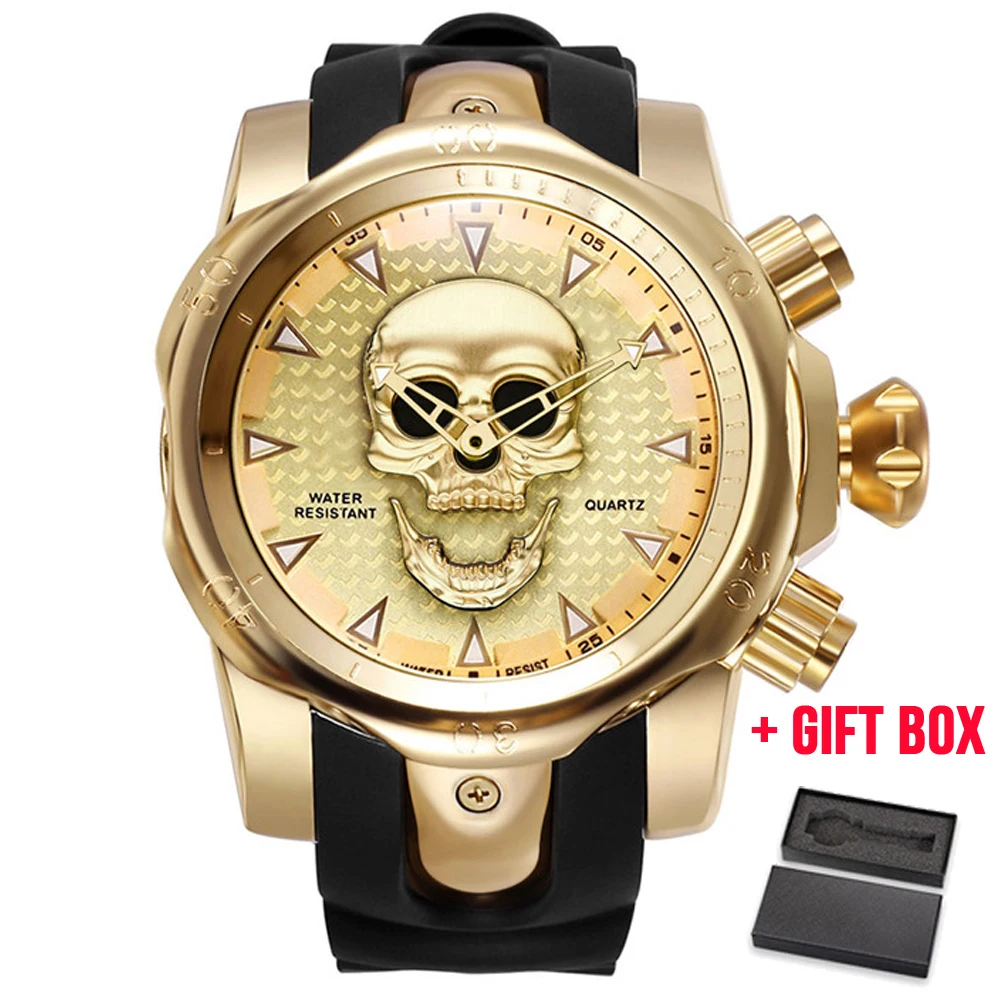 gold with box Для мужчин череп кварцевые мужские часы с изображением скелета частные часы большие военные мужские часы Водонепроницаемый наручные часы Relogio Masculino для подарка - Цвет: gold with box