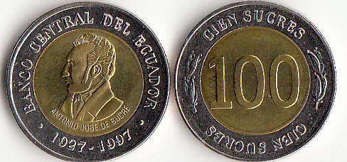 Эквадор 100% сукрес Монета 100 реальные и оригинальные Северной Южной Америки