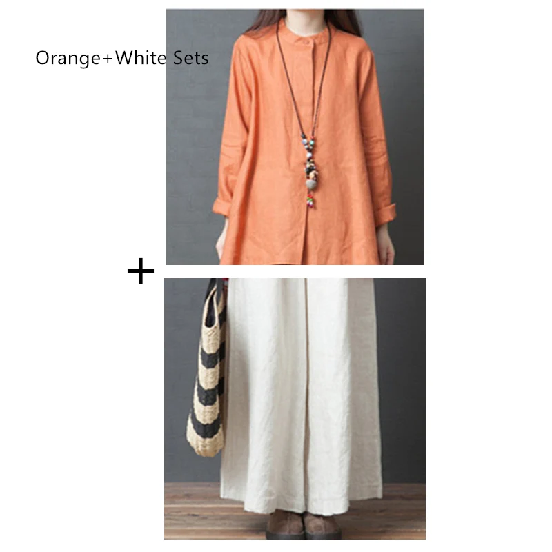 Orange x White Женские комплекты больших размеров, комплект из двух предметов, рубашка миди, топы+ свободные повседневные Широкие штаны, женские хлопковые льняные костюмы с длинным рукавом - Цвет: Orange x White