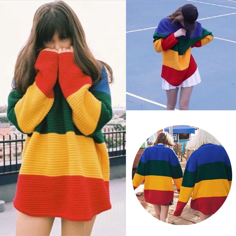 Мода свитер для женщин новые модные Винтаж джемпер с длинным рукавом Rainbow