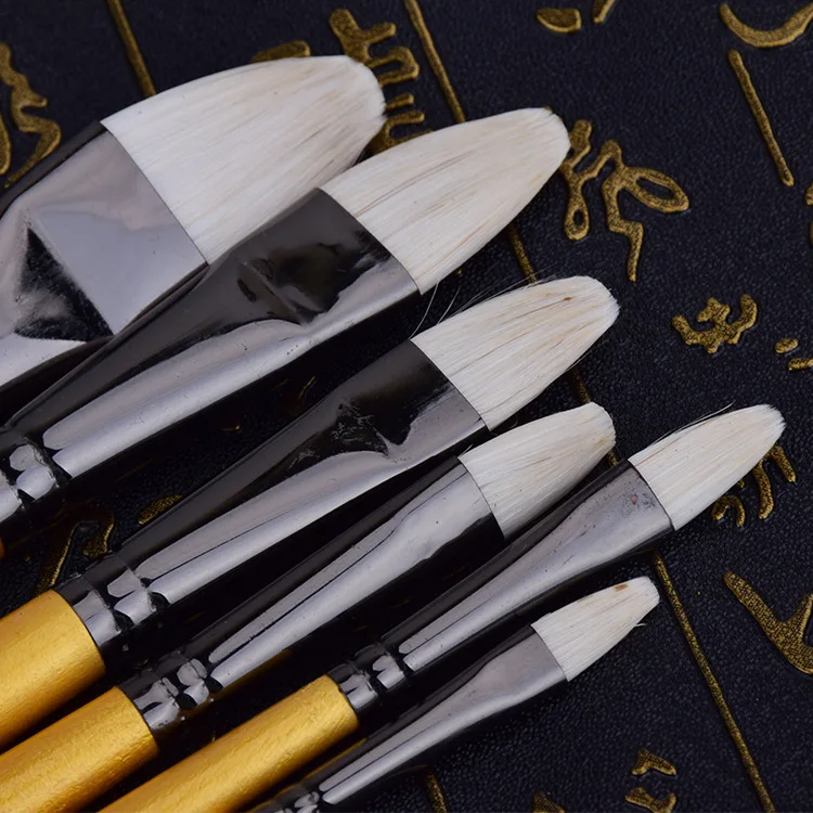 

6 pcs set of water chalk set brush White horse hair Gold long wood rod paintbrush art supplies drawing materials oil paint brush