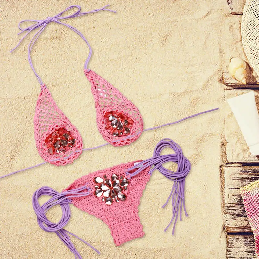 Pink Purple Сексуальное вязаное крючком бикини со стразами женский купальник на шнуровке Женская одежда для плавания комплект бикини из двух предметов купальный костюм одежда для плавания - Цвет: Pink Purple