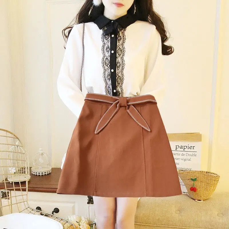 

Spring Summer Women Two Piece Set Female Mini Skirt And Single Breasted Shirts Suits Ladies Sweet Korean Slim Sets Clothes F84
