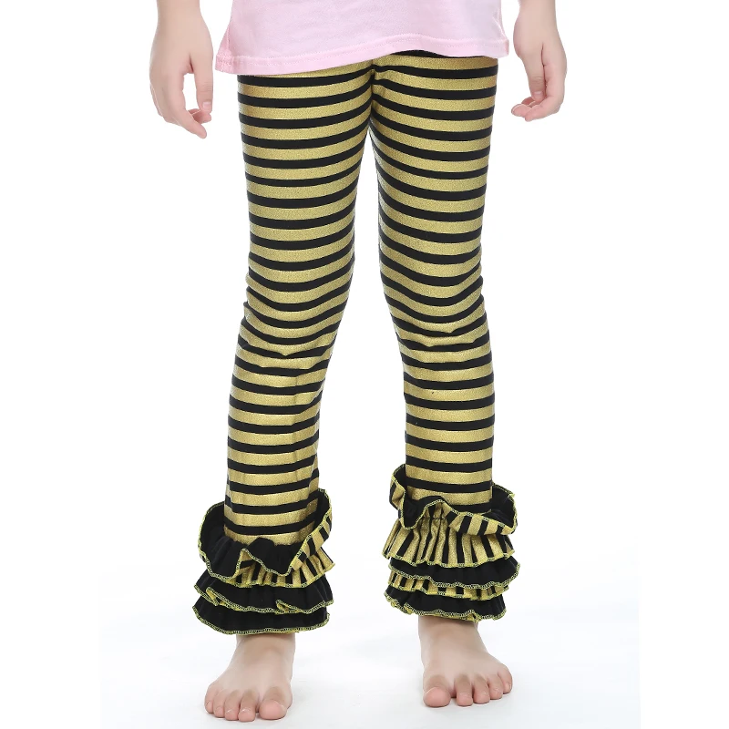 Леггинсы в горошек с оборками для девочек черные золотые блестящие штаны