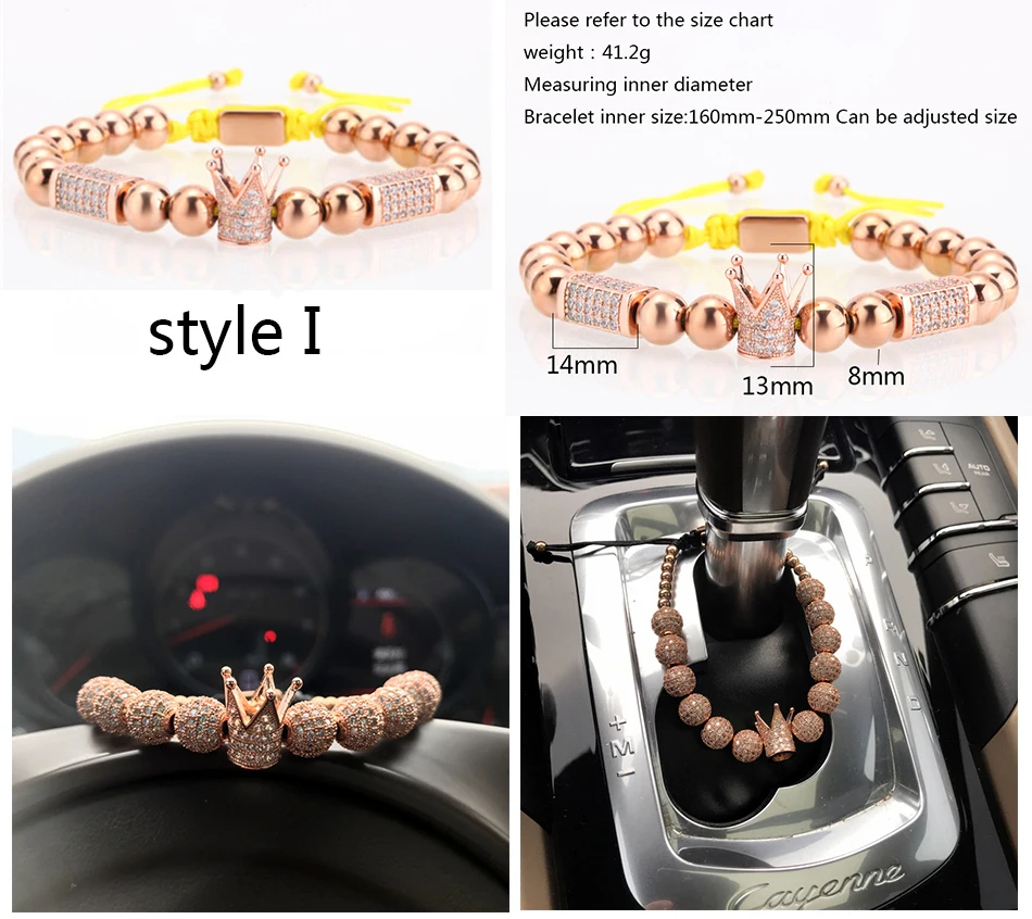 Men Bracelet/Rose Gold/Bracelets Pave Setting White CZ Ball Bracelet with 6mm 8mm Stainless Steel Bead Braided Luxury Jewelry
