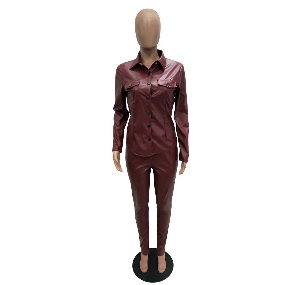 

high quality Sexy Solid Two Pieces Set PU Leather Jacket Women Turn-down Collar Pockets Long Jacket Top and Pencil Pants Outfits