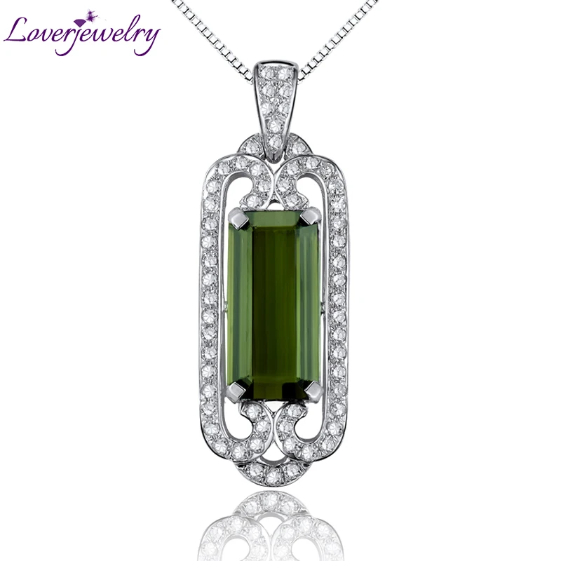 

LOVERJEWELRY New Fancy Emerald Cut 5x11mm Natural Diamond Green Tourmaline Pendant in 14kt White Gold Women Party Jewelry