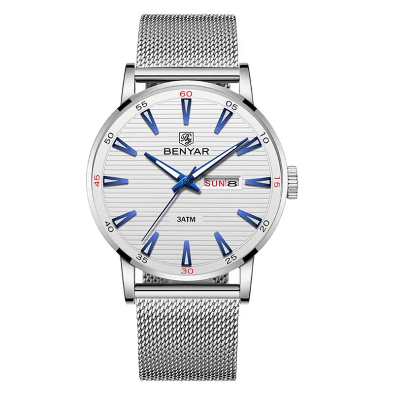 Silver White No Box Новые мужские часы Топ бренд класса люкс BENYAR кварцевые наручные часы мужские модные повседневные кожаные часы Reloj Hombre светящиеся военные часы - Цвет: Silver White No Box