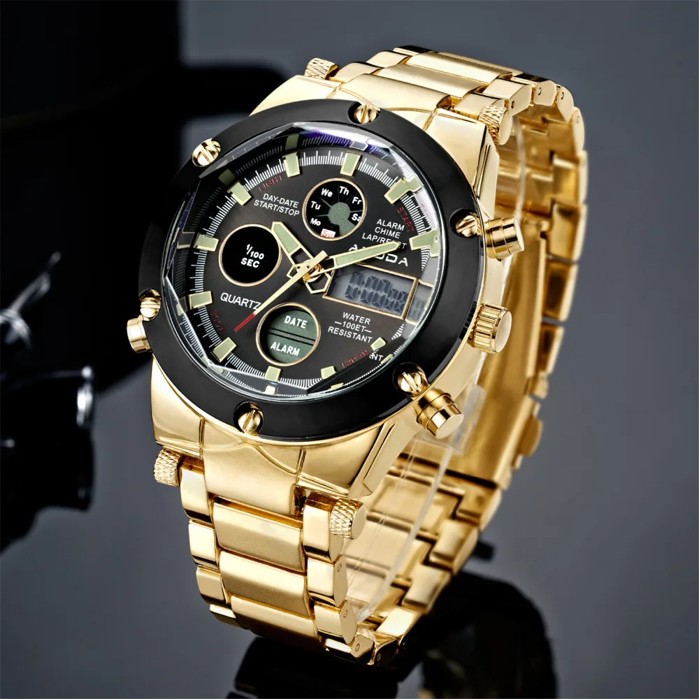 Бренд AMUDA роскошные мужские Золотые спортивные часы светодиодные полностью