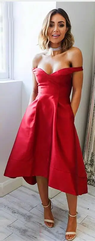 Picture Color С открытыми плечами Короткие Коктейльные Вечерние платье простой с коротким передом и длинной, черные, красные, серые, Синие атласные Чай Длина Vestido De Коктейльные Вечерние платья - Цвет: Picture Color