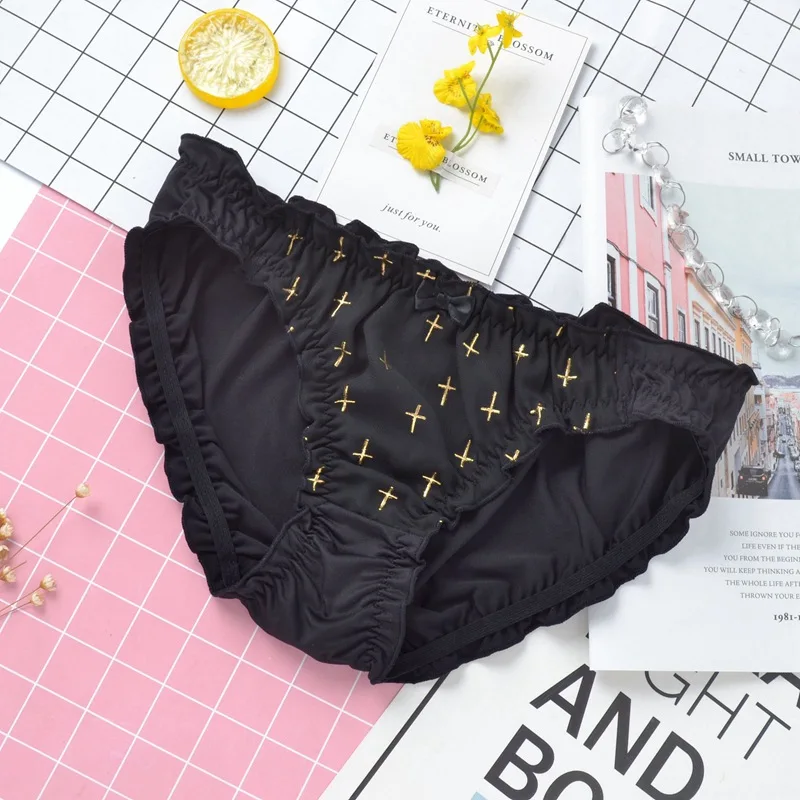 black SP& CITY, Лолита, кружевные трусики с рюшами и бантом, милое бесшовное нижнее белье для женщин, сексуальные хлопковые трусы с золотым принтом, женское нижнее белье Kawaii - Цвет: black