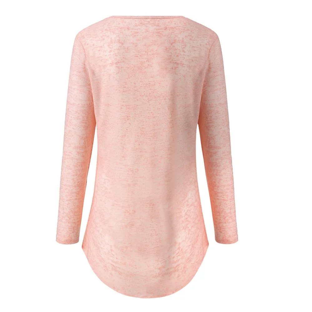 Hot Sale Women Spring Autumn Casual Design Buttons Long Sleeve T-Shirt New Fashion Solid O-neck Pullover Top Pink Female T-shirt | Женская