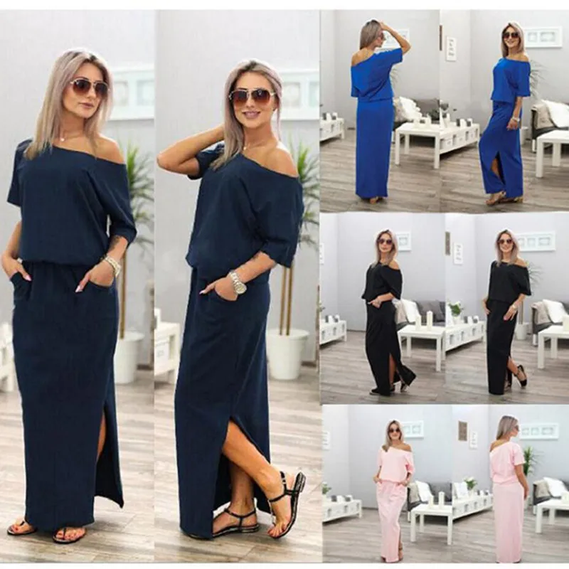 2019 пикантные летние для женщин Boho Макси платье короткий рукав с боковыми