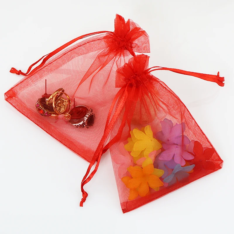 Fashion 1000pcs/lot Classic 9x12cm Red Color Organza Gift Bags Tulle Wedding Acrylic Makeup Gift Candy Packing Pouches