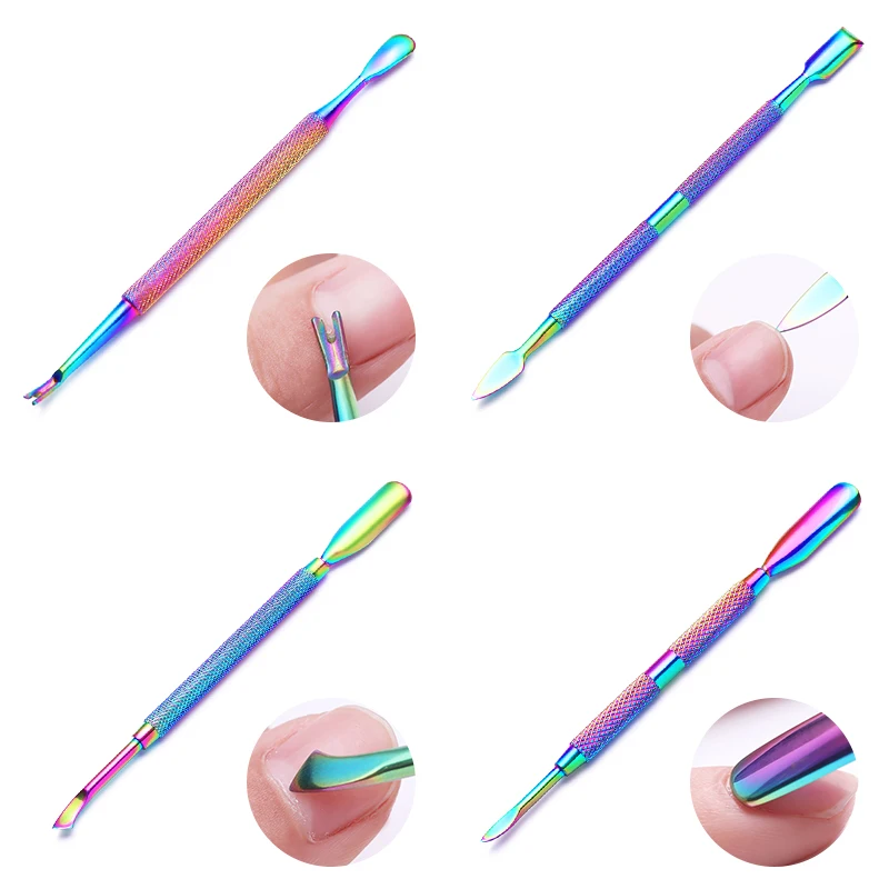 LILYCUTE двухконцевый кутикулы ногтей толкатель Красочные нержавеющей стали Хамелеон мертвая кожа кутикулы удалитель УФ гель ногтей инструменты