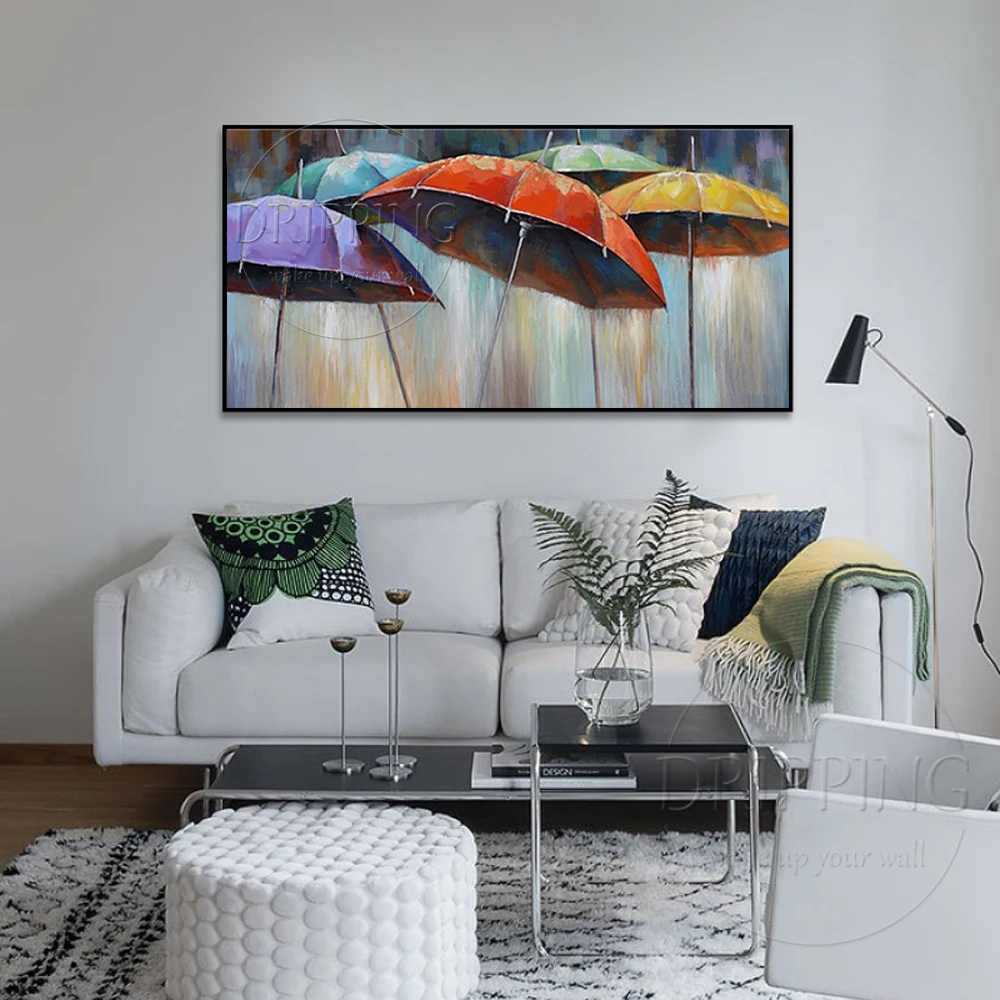 Artist Hand-painted Romantic Rainy Day Colorful Umbrella Oil Painting On Canvas Modern Picture for Bedroom | Дом и сад
