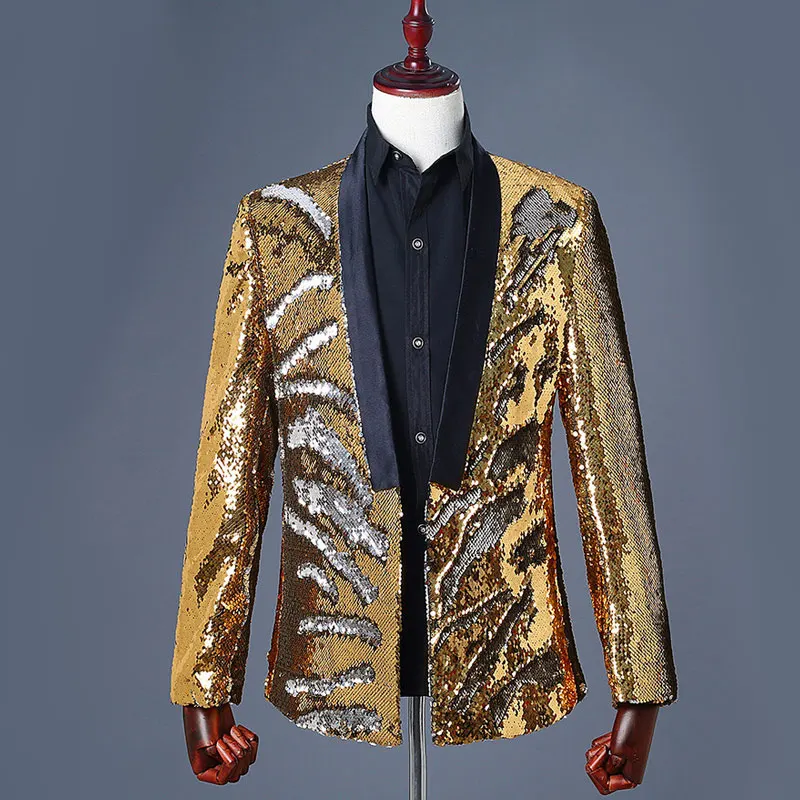 Gold And Silver Золотой черный блестящий блейзер с блестками, мужской модный пиджак с воротником-шалью, мужские блейзеры для сцены, выпускного, ночного клуба, певицы, костюмы, костюм - Цвет: Gold And Silver