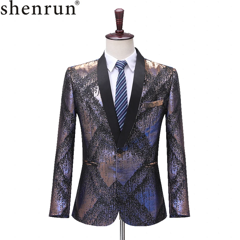 Shenrun Men Blazers Slim Fit Casual Jackets Fashion Tuxedo Wedding Suit Jacket Stage Costumes Prom Colorful Jacquard Pattern
