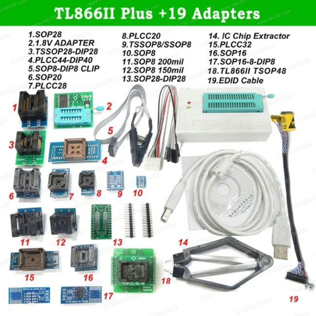 TL866II 19 Items TL866II плюс USB программатор поддержка 15000+ IC SPI Flash NAND EEPROM MCU PIC AVR Замена TL866A TL866CS+ 25 шт. адаптеры - Цвет: TL866II 19 Items