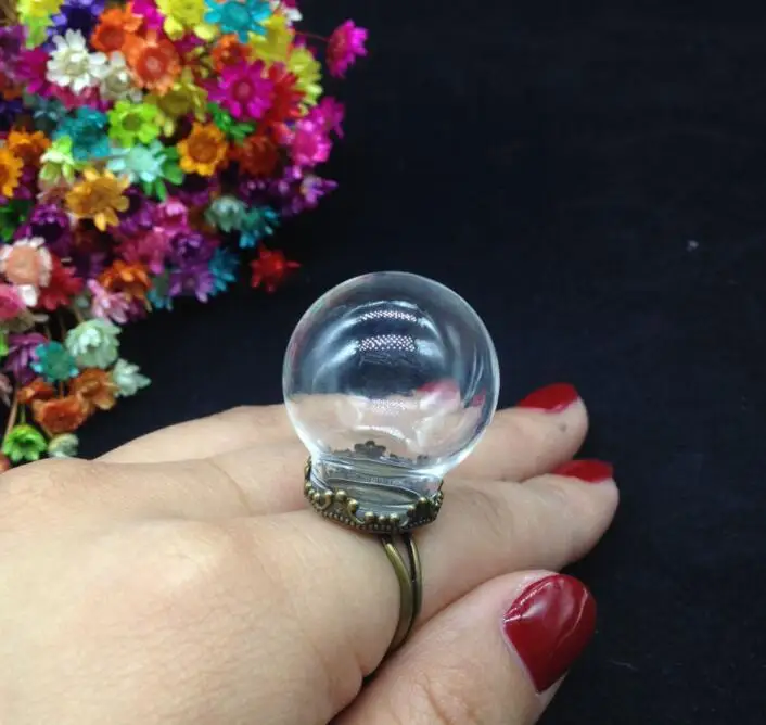 

100sets/lot 25*15mm clear handmade glass globe with antique bronze flower ring setting findings set glass bubble DIY vial ring