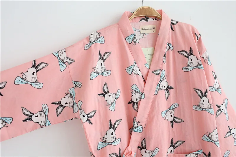 New Cotton Double Gauze Bathrobe Cartoon Rabbit Summer Thin Robe Home Leisure Pajamas Kimono Bath Long Sheer Robes