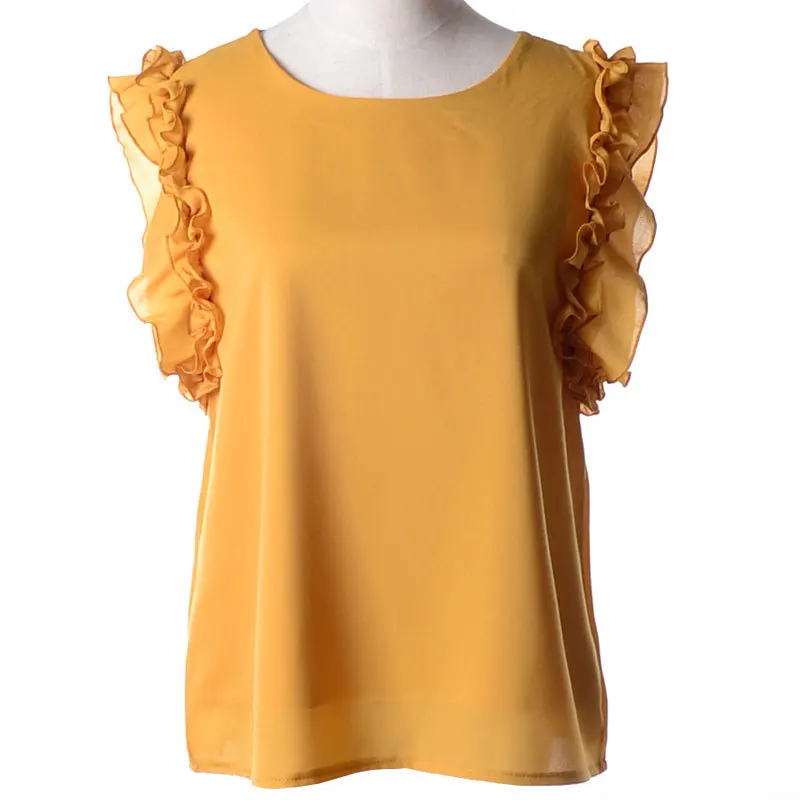 2017 Women Sleeveless Chiffon Shirt Ladies Summer Casual Puff Sleeve Tops Elegant Female Fashion Ruffles Soild Plus Size Blouse |