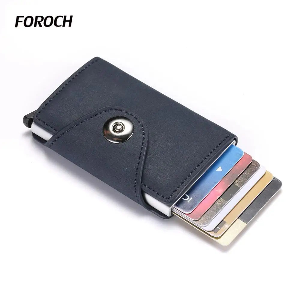 blue FOROCH, Ретро стиль, лошадь, кожа ПУ, алюминиевый сплав, посылка для карт, мужская, магнитная пряжка, тормозной картридж, кошелек для карт, 646 - Цвет: blue