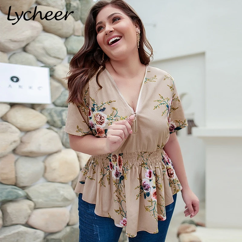 Женская блузка с цветочным принтом Lycheer Летняя Повседневная большого размера