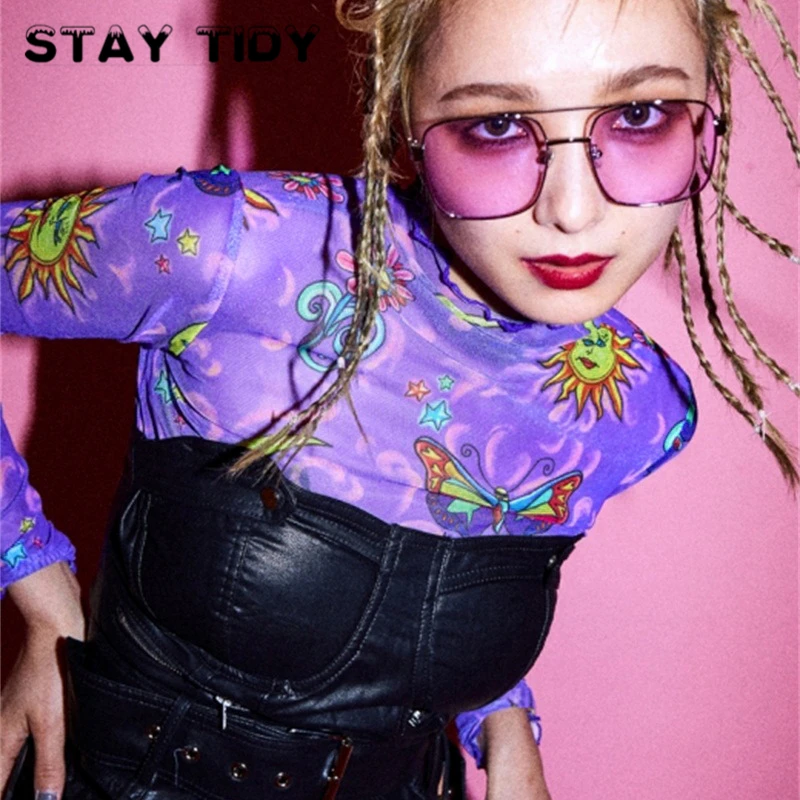 STAY TIDY фиолетовая сетчатая Прозрачная женская толстовка с принтом Футболка 2019