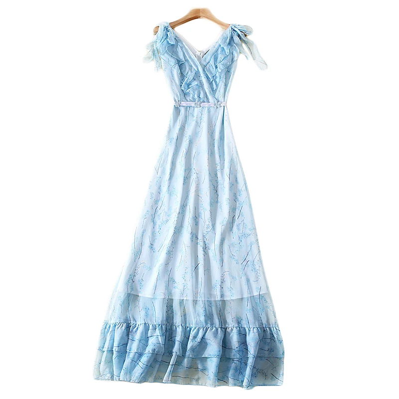 Женское летнее длинное платье с поясом V-образным вырезом и цветочным принтом |