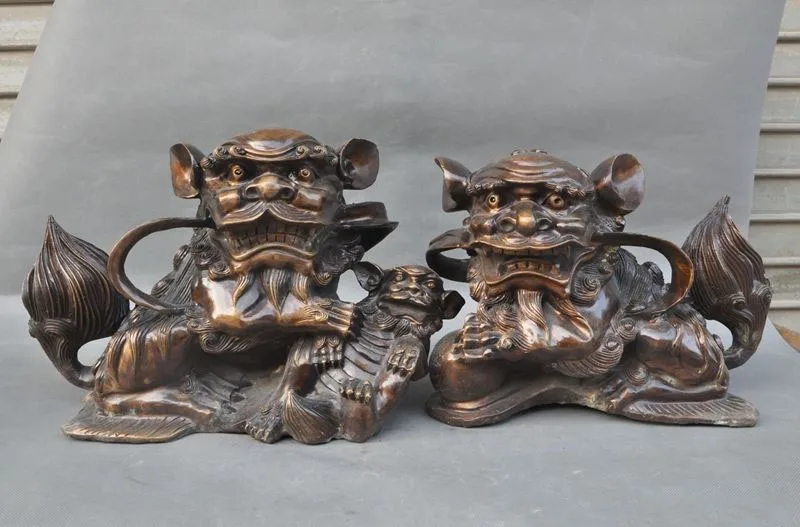 

wedding decoration China Fengshui bronze Evil spirits Guardian Door Foo dog lion beast statue pair