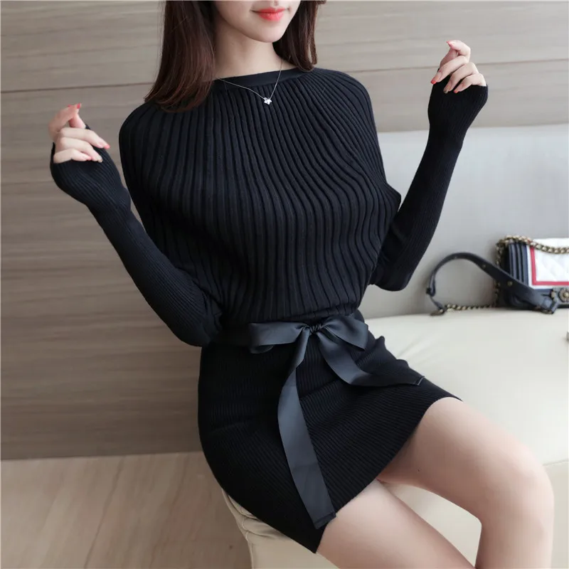 Женское облегающее платье свитер черное трикотажное с рукавом летучая мышь и