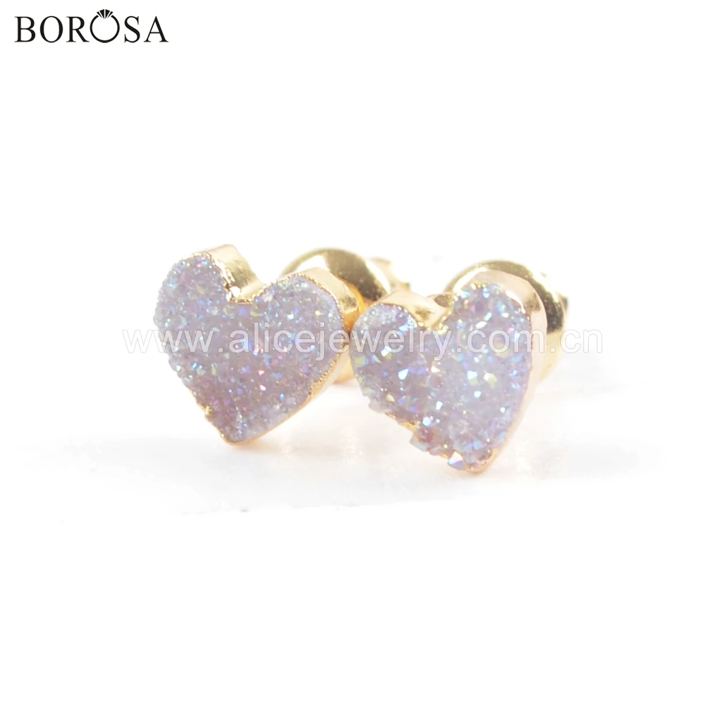 

BOROSA 5/10Pairs Gold Color Heart Natural Agates Titanium AB Druzy Stud Earring Sparkling Drusy Earring Jewelry as Present G1711