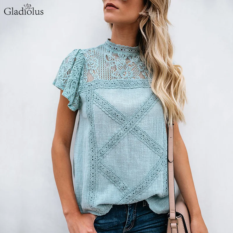 Gladiolus Кружевная летняя футболка женская с коротким рукавом круглым вырезом