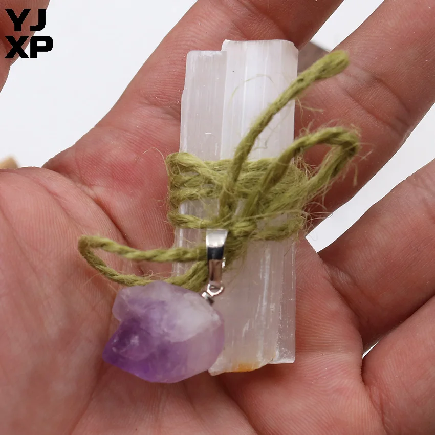 YJXP кулон аметисты пучок пеньковой веревки сырой гипсовый камень селенит палочки