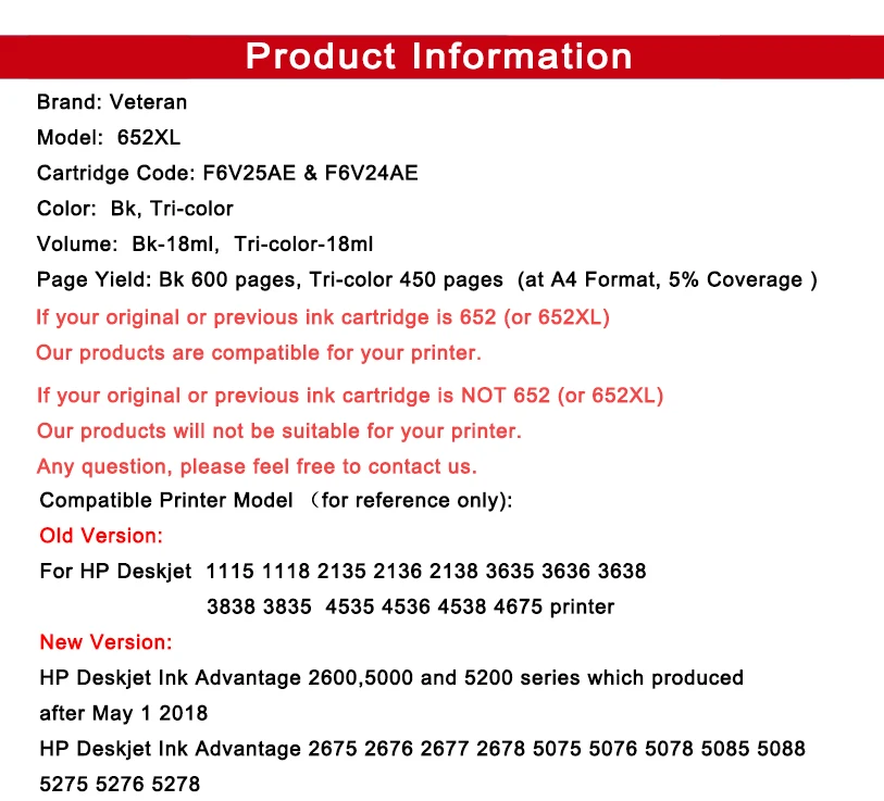 Ветеран 652XL 652 чернильный картридж Замена для hp XL Deskjet 1115 1118 2135 2136 2138 3635 3636 3835 4535 2675