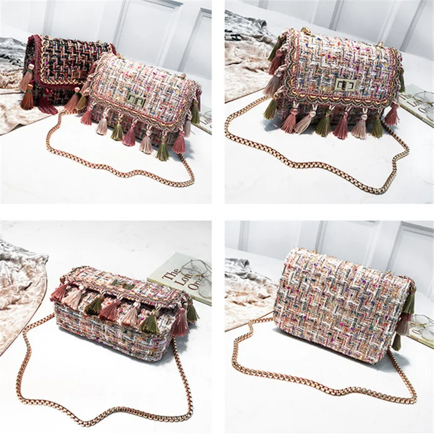 

TOYOOSKY 2020 Ins Hot Fashion Wool Women Handbag Tassel Plaid Messenger Bag Vintage Ladies Flap High Quality Chain Shoulder Bag