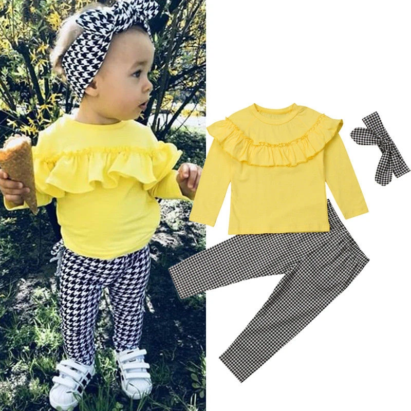 Child Baby Girl Ruffle Plaid Clothes Set Autumn/Winter Yellow Blouse Shirts Tops+Long Pants+Headband Cute Kids Girls Outfits | Мать и