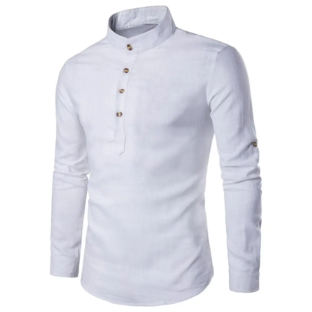 

Men Spring Solid Color Linen Stand Collar Long Sleeve Shirt Casual Slim Fit Top