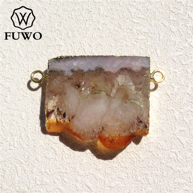 

FUWO Rectangle Natural Citrines Druzy Pendant 24k Gold Electroplated Double Loops Yellow Crystal Jewelry Wholesale PD138