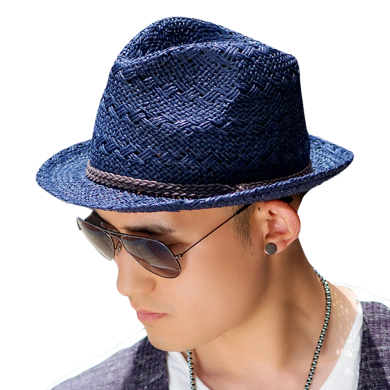 SIGGI Для мужчин Мода соломы Fedora солнца Шапки однотонные мягкие дышащая ткань с