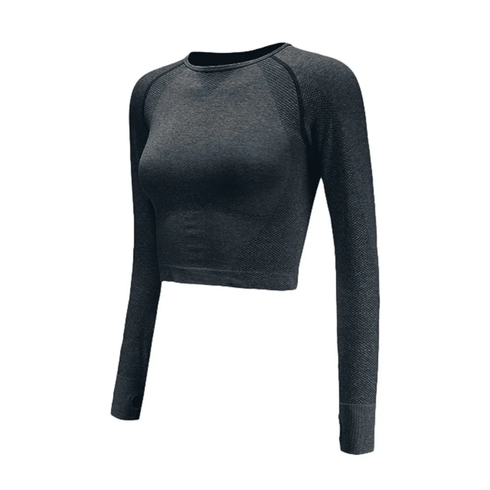 deep grey Женские футболки для йоги Vital бесшовный короткий топ с длинными рукавами, рубашки с отверстиями для большого пальца, спортивные топы, рубашки для тренировок, бега, фитнеса - Цвет: deep grey