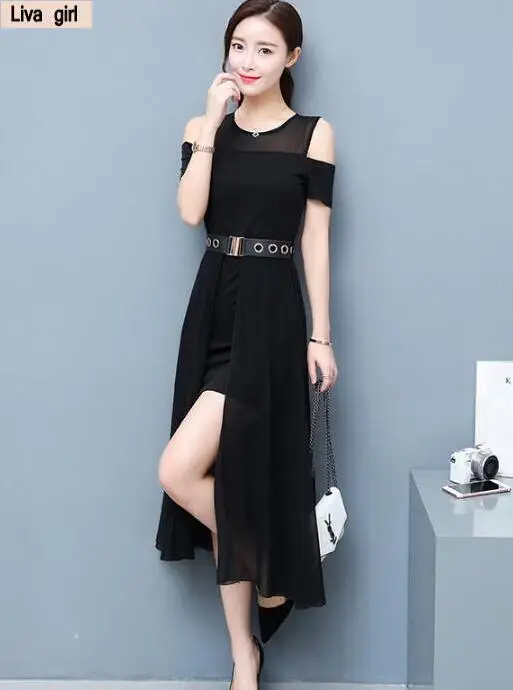 Wholesale fashion women stripes chiffon dress stitching A word long | Женская одежда