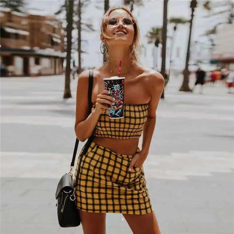 Милые сексуальные Желтые красные летние клетчатые комплекты из 2 предметов