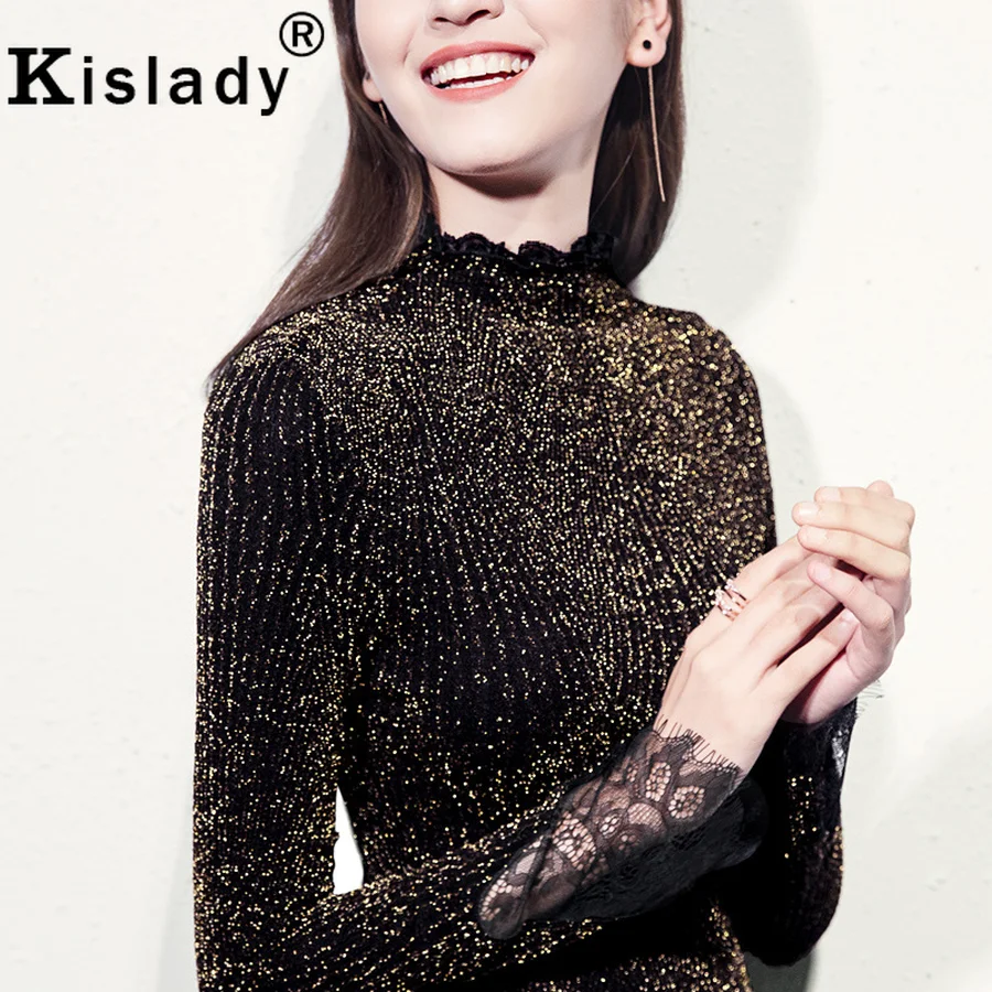 Kislady Новинка Весна Осень Элегантная блестящая шелковая футболка кружевная Лоскутная Женская футболка с длинным рукавом Топы размера плюс Корейская одежда XXXL