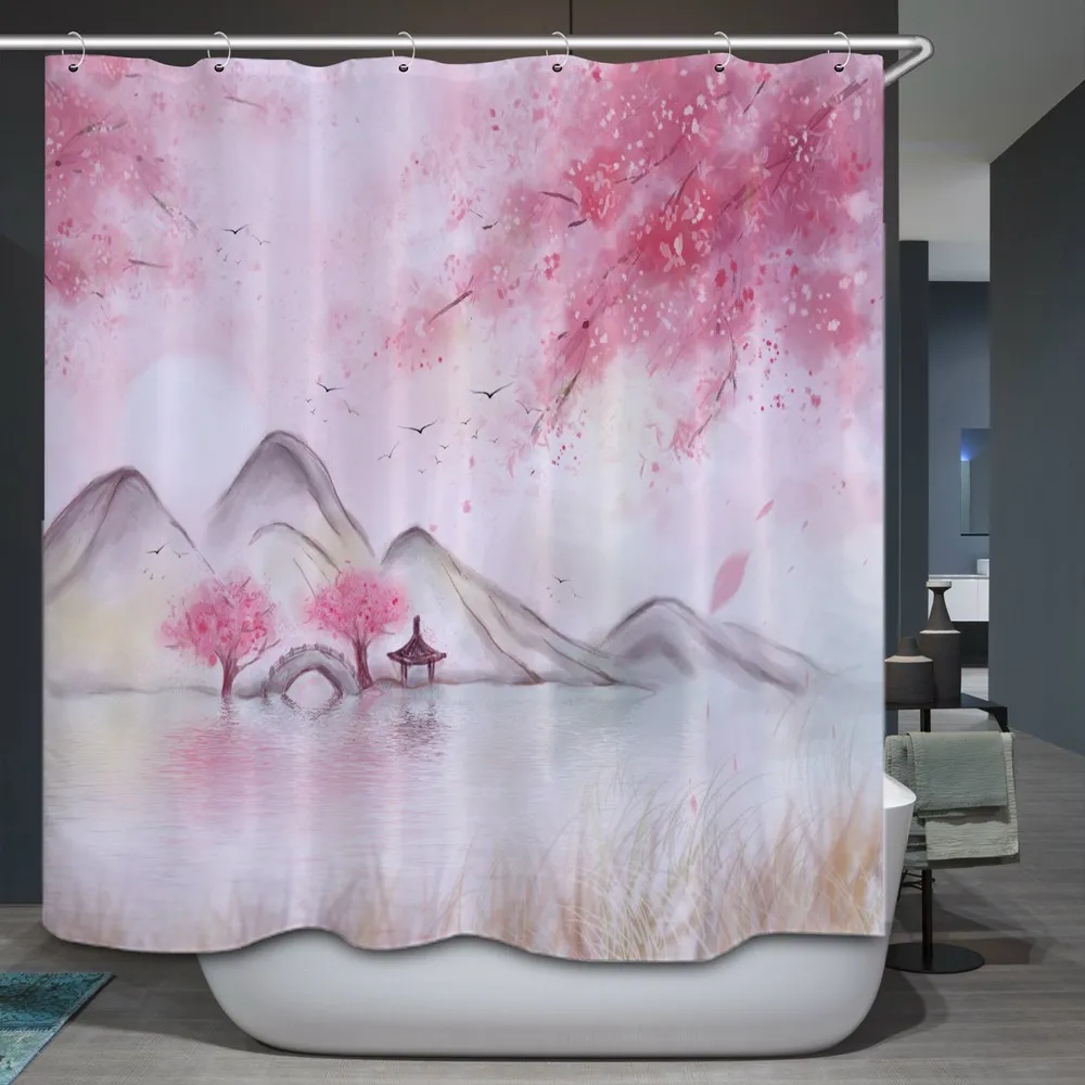 

Shower Curtain Flowers Polyester Fabric Water Repellent Bathroom Set Home Decoration with Hook